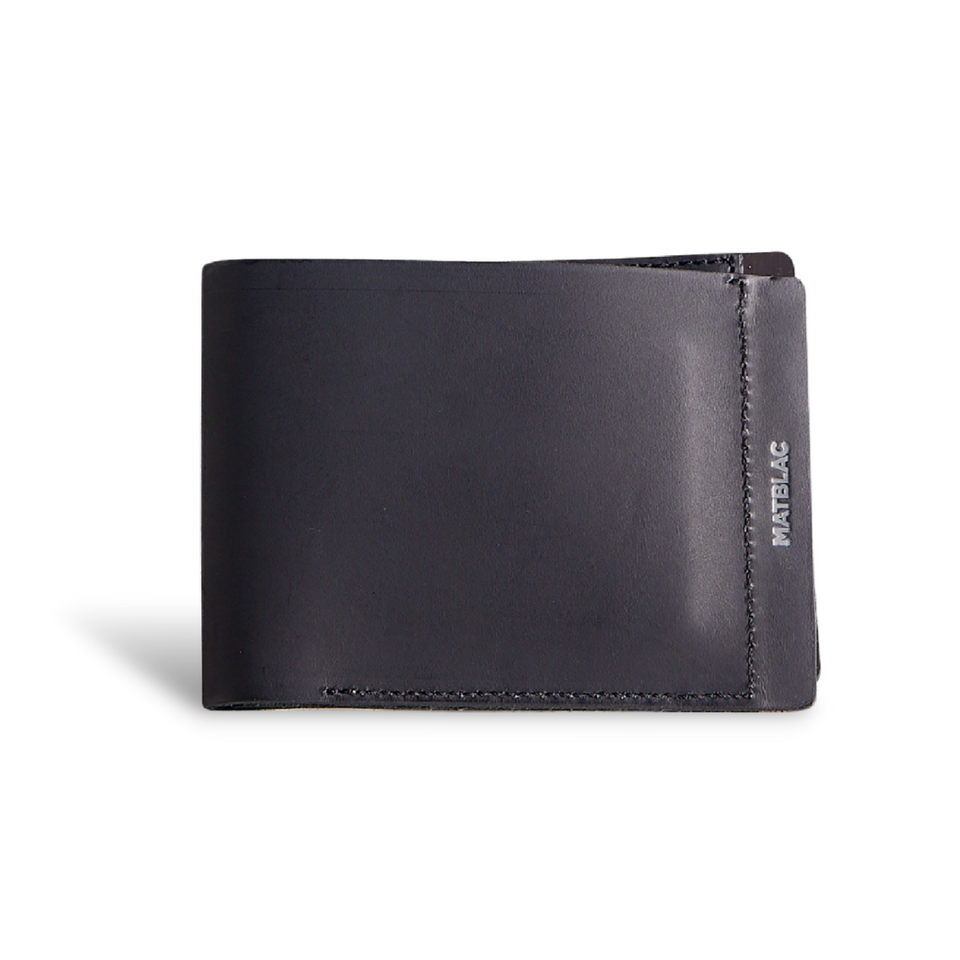 Close up of minimalist black genuine leather magnetic wallet