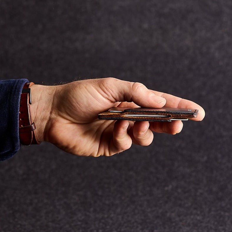 Close up of man holding a black and brown genuine leather quickdraw wallet on a grey background