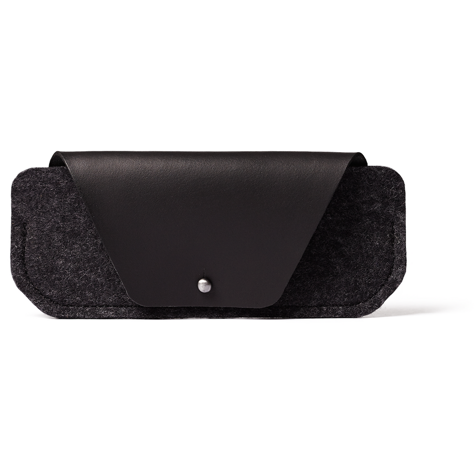 Black leather and felt sunglass case on white background