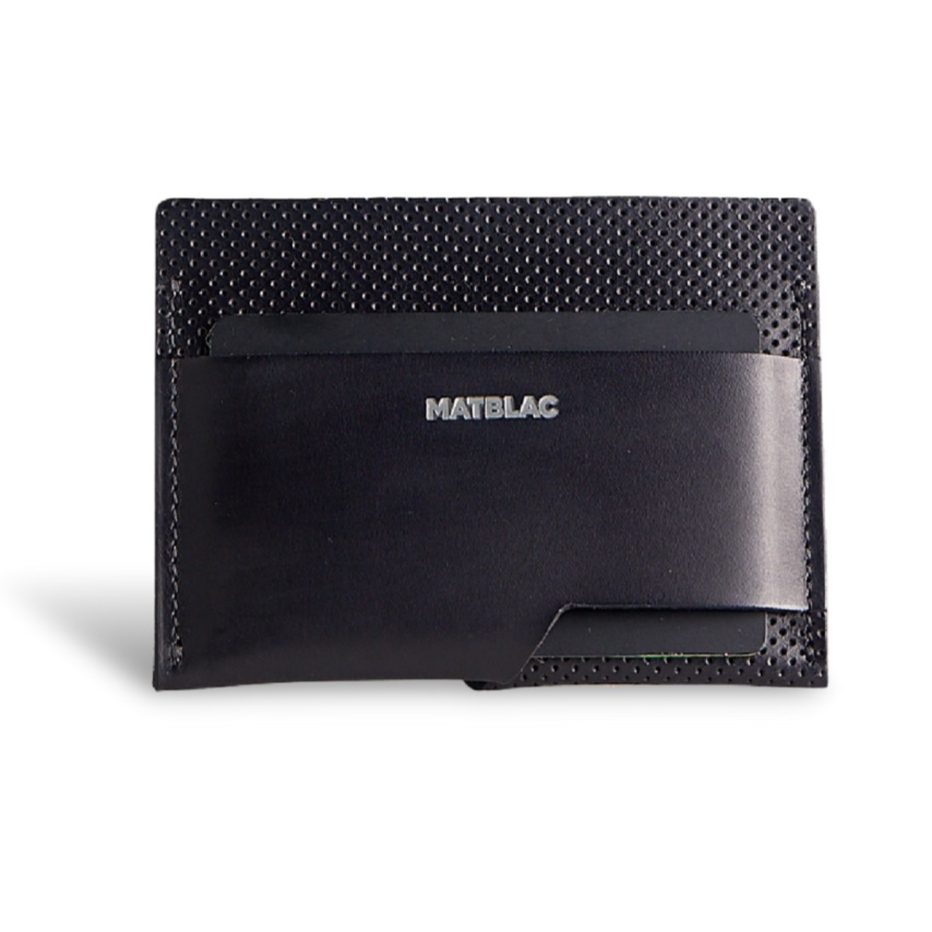 Black genuine leather cash slip wallet on white background