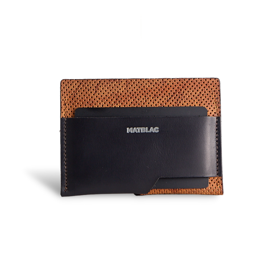 Front view of a black and brown genuine leather cash slip slim wallet on a white background