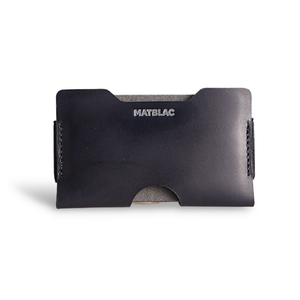 Close up of lack genuine leather micro wallet on white bacground