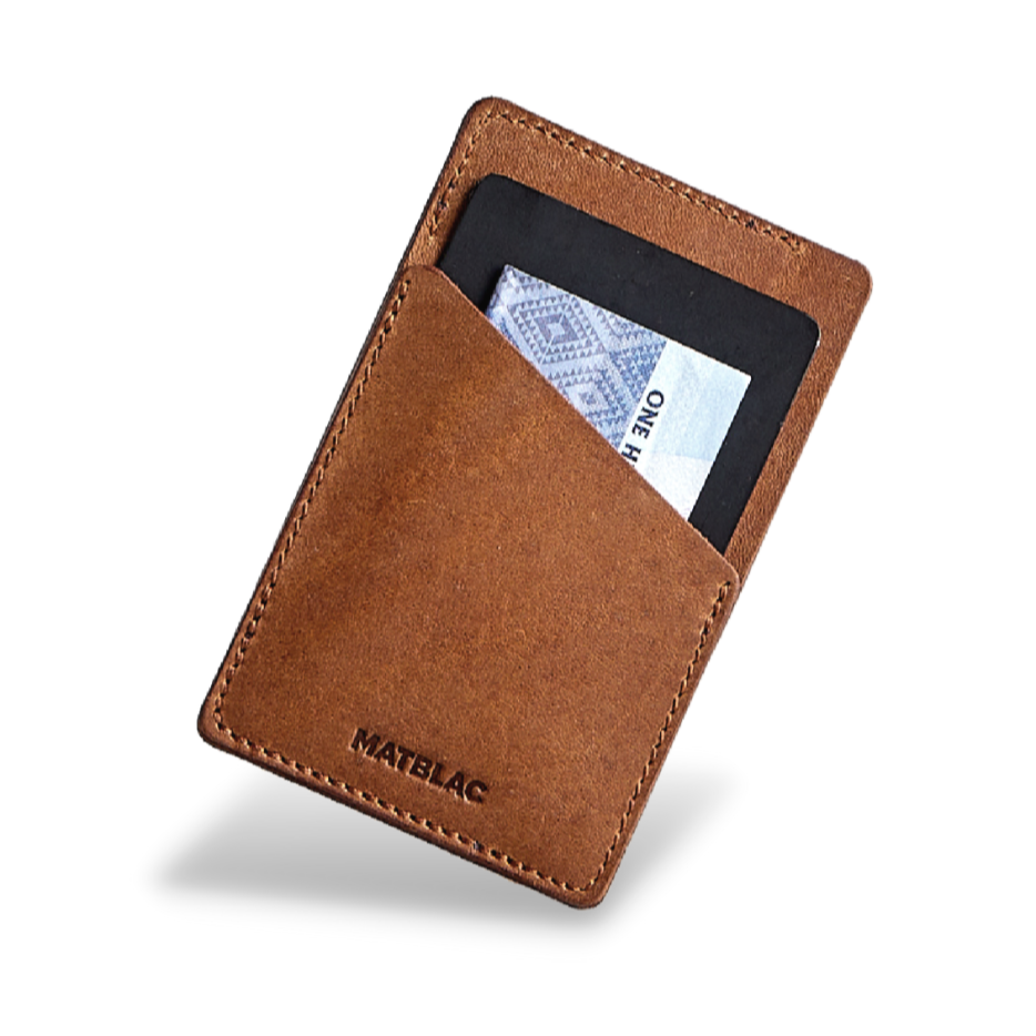Brown genuine leather quickdraw slim wallet on white background