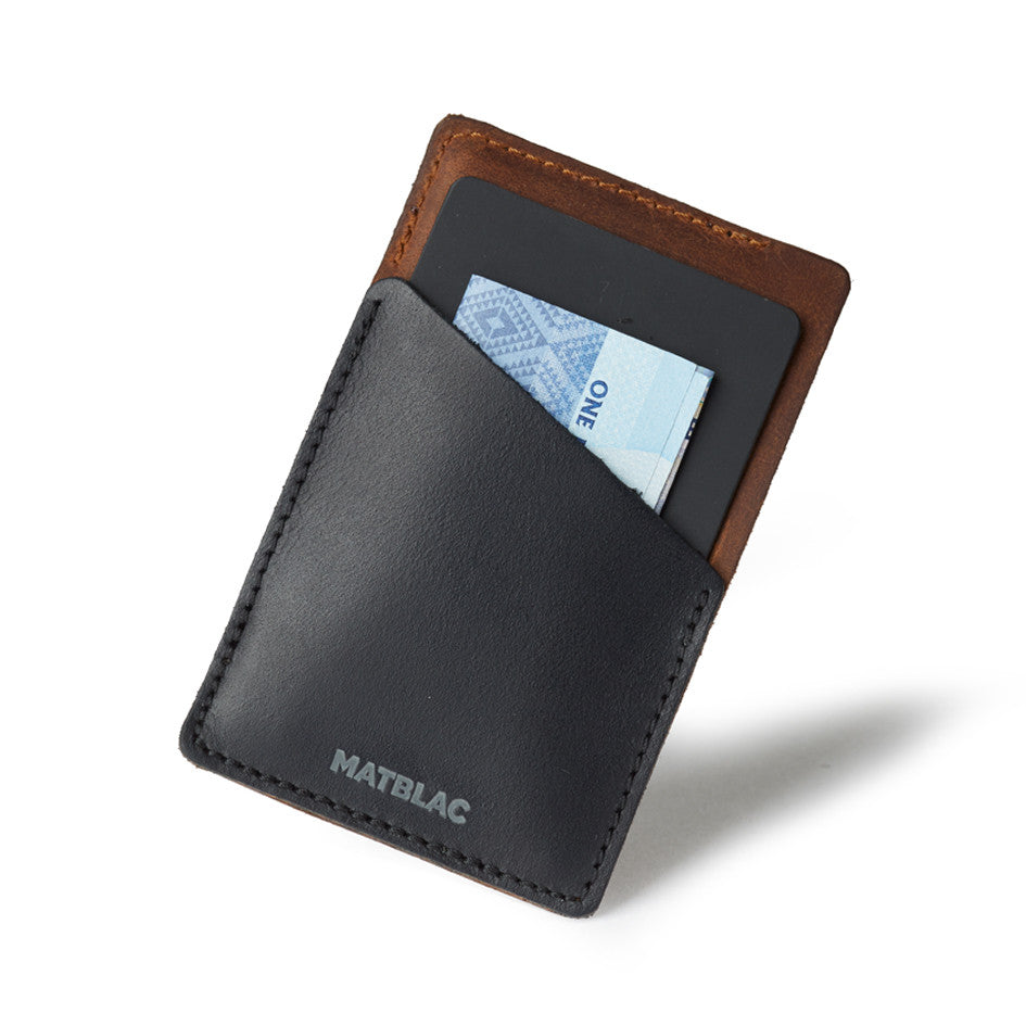 Front view of a black and brown genuine leather quickdraw wallet on a white background
