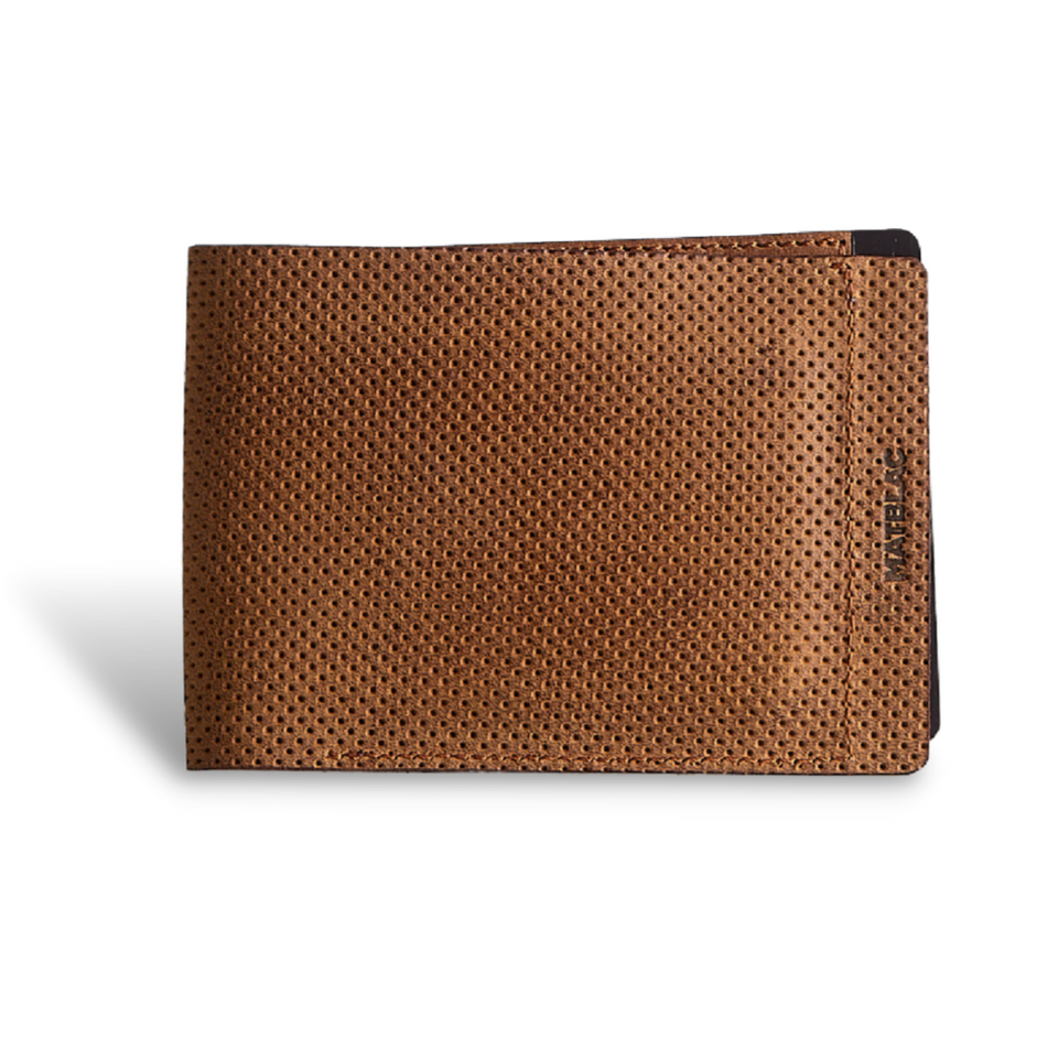 A minimalist brown genuine leather magnetic wallet on white background