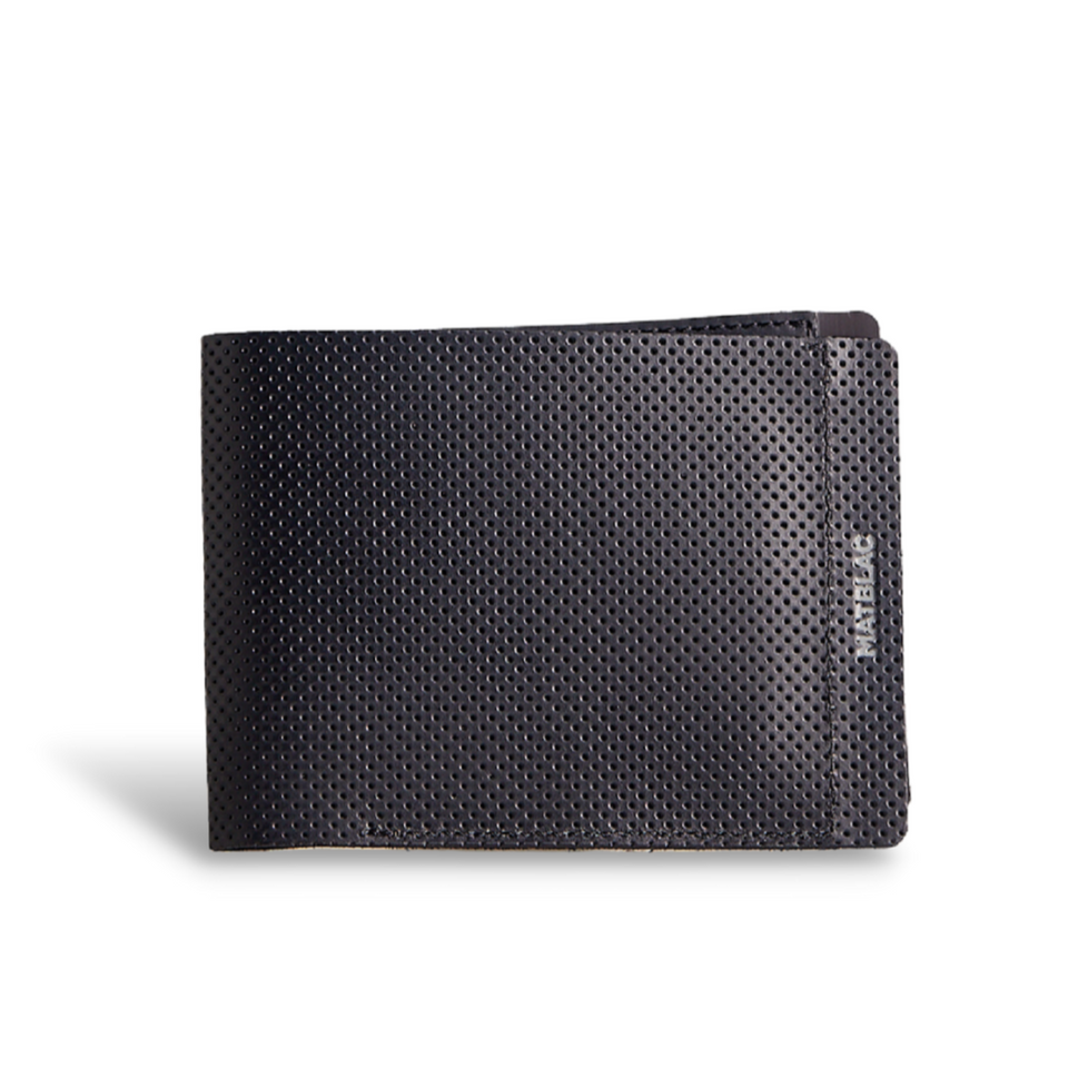 A minimalist black genuine leather wallet on a white background