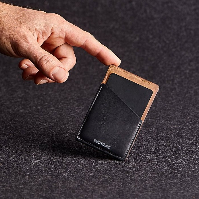 Close up of man's finger balancing a black and brown genuine leather quickdraw wallet on a grey background