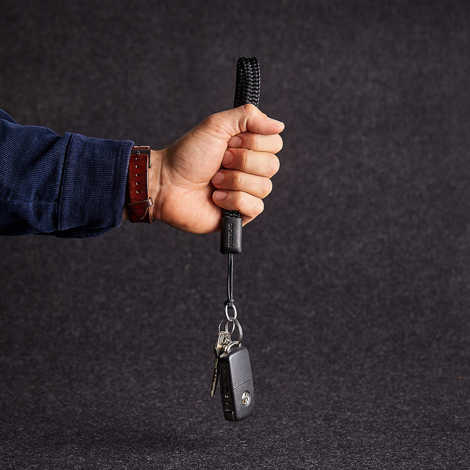 Close up on a man's hand holding a black minimalist camera wrist strap 